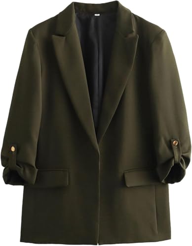 Chaqueta De Trabajo De Manga Larga Con Solapa Y Bordes Enrollados Chaqueta De Mujer De Moda Casual De Primavera Y Otoño Para Tallas Grandes Elegante Chaqueta De Calle De Color Sólido (Verde militar,M)