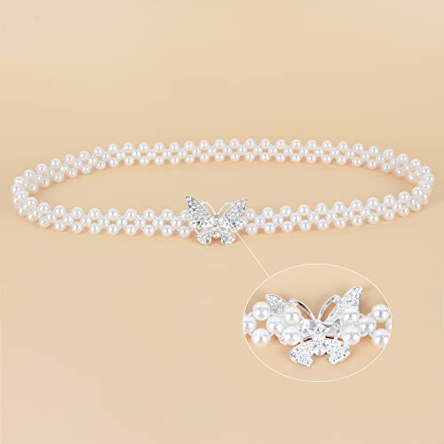 Women Rhinestone Artificial Pearls Fine Thin Elastic Waist Belt Evening Wedding Bridal Dress Belt3
