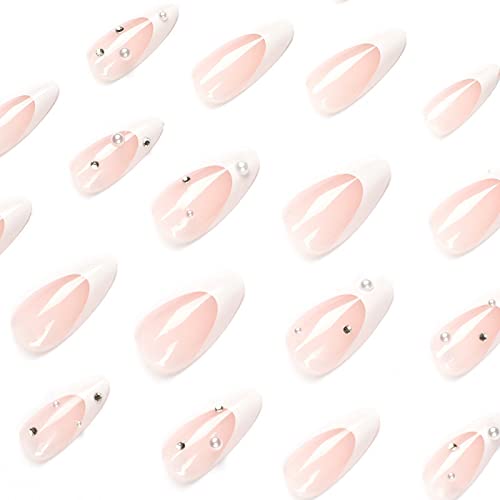 Imsohot French Almond Press On Nails Medium Stiletto Fake Nails White Pearl False Nails With Designs Glossy Cute Glue On Nails For Women #TOP2