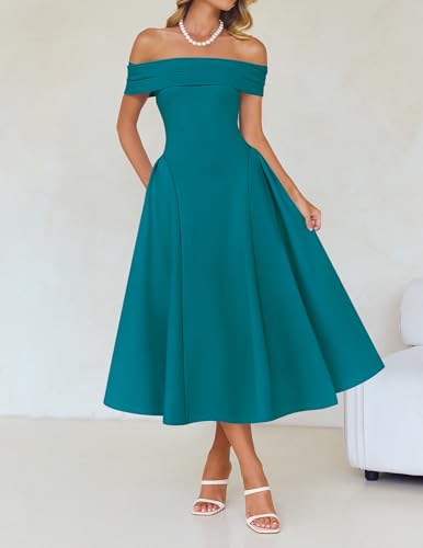 Image of ZESICA Summer 2026 Cocktail Dresses for Women's Off Shoulder Short Sleeve Swing A Line Wedding Evening Party Midi Dress