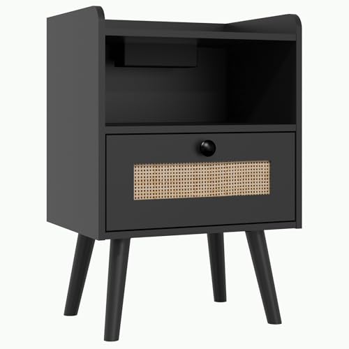Image of Panana Bedside Tables with Power Strip, Side Table with 1/2 Hand Made Rattan Decorated Drawers Wood Nigntstand End Table for Living Room, Bedroom and Small Spaces (Black, 1 Drawer)