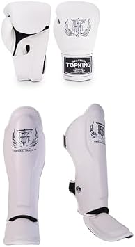 Top King Muay Thai Training Bundle Boxing Gloves White 16oz + Shin Guards White Medium Authentic Thai Kickboxing Gear Set for Sparring, Muay Thai, and MMA Training