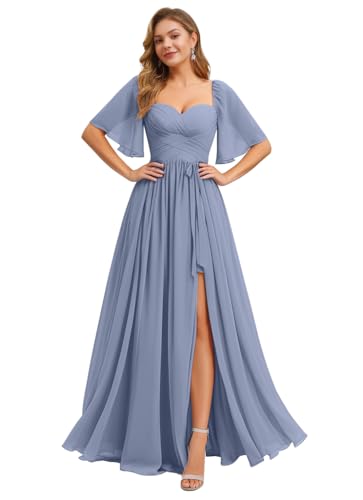 Image of IIF Women's Chiffon Bridesmaid Dresses for Wedding Flutter Sleeves Ruched A Line Long Formal Dress with Slit IIF149