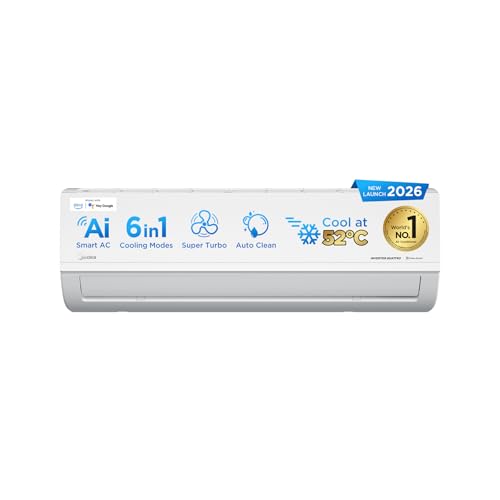 Midea 1.36 Ton 3 Star Inverter Split AC, Wi-Fi & 6-in-1, MAI18SD3R36W0 | Copper Condenser, Voice Control, 52°C Heavy Duty Cooling, HD+PM 2.5 Filter, Auto Clean, Santis Max DLX Wi-Fi, White