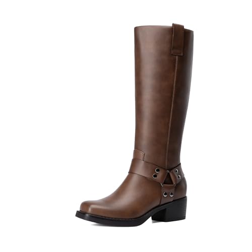 DREAM PAIRS Women's Knee High Boots Motorcycle Riding Pull-on Fashion Long Square Toe Buckle Biker Boots for Women 8 Tan