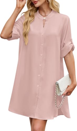 Image of PerZeal Womens Sexy V Neck Button Down Shirt Dresses Summer Short Sleeve Casual Loose Blouses & Button-Down Shifts Cover Ups
