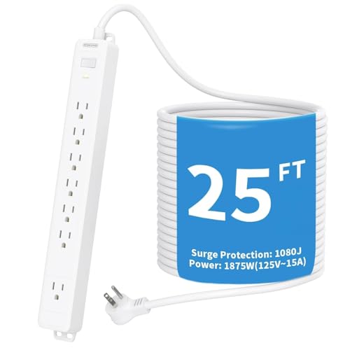 Extensión 25 ft NTONPOWER Protector contra sobretensiones, 15A Cable pesado, 7 tomas, enchufe plano para cocina, hogar y oficina, blanco, 1080 J