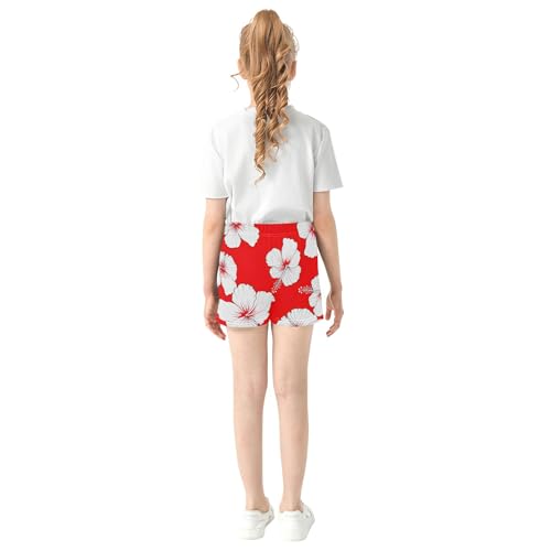 Girls Athletic Shorts Floral White Hibiscus Flowers Red Cute Casual Summer Clothing with Pockets Customized, X-Small3