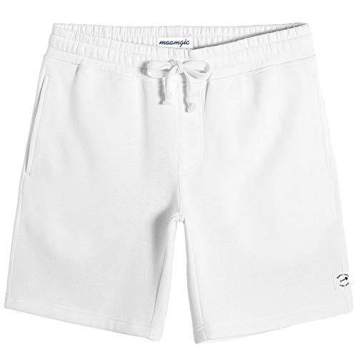 maamgic Men's Sweat Shorts 9" Fleece Athletic Shorts Pajama Flat Front Shorts Casual Shorts Jogger Pocket White
