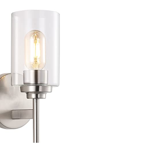 Image of JONATHAN Y 13 inch Nickel /Clear Industrial Farmhouse LED Wall Sconce, with Clear Glass Cylinder Shade, 1-Light Iron Vanity Light for Bathroom Mirror Hallway Bedroom (JYL9547C)