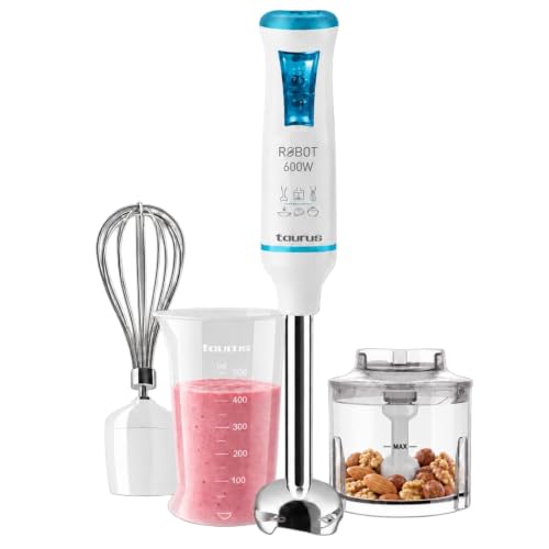 Taurus Robot 600 Plus Inox Batidora de Mano 600W, 20 Velocidades, Picadora | Función Turbo, varilla inox antisalpicaduras, picadora 350 ml, batidor y vaso 500 ml
