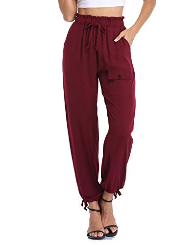 andy & natalie Women\'s Elastic Waist Cargo Drawstring Pants Paper Bag Pockets Ankle Tie Jogger Sweatpants Trouser Wine Red