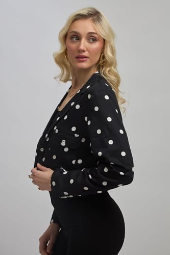Image of VIRGIO Women's Polka Dot Crop Blazer - 100% Cotton Tailored Fit Cropped Jacket, Lightweight Breathable Cotton Blazer for Women, Casual Wear, Office Wear, Stylish Layering Piece