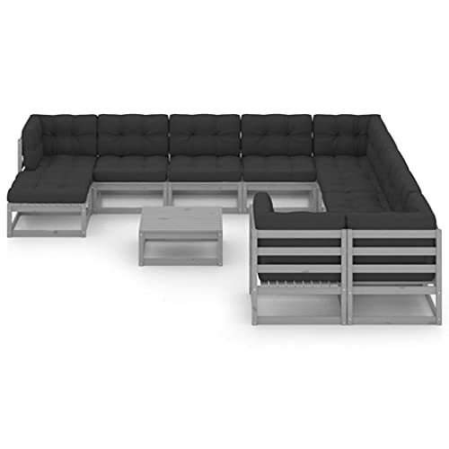 vidaXL 12-TLG. Garten-Lounge-Set mit Kissen Grau Kiefer Massivholz – Bild 3