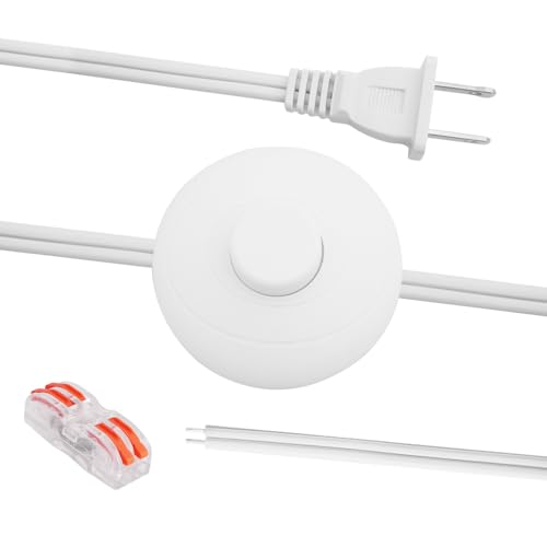 Asjeumt 6ft Foot Switch Lamp Cord Replacement, White Floor Light Switches with Plug, Foot Tapper Pedal Lamp Wire Switch, AC 125V Step ON Off Push Button, Repair DIY Replace Footswitch Fixtures