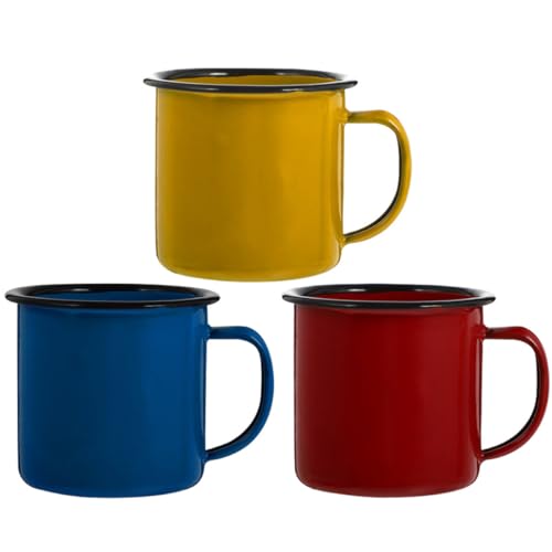 NIYANGLE Tazas Esmaltadas Vintage 3 Piezas Set de 3 Tazas de Agua Multifuncionales Tamaño 6 Cm Colores Rojo Amarillo Azul para Desayuno y Oficina Vaso de Jugo Portátil