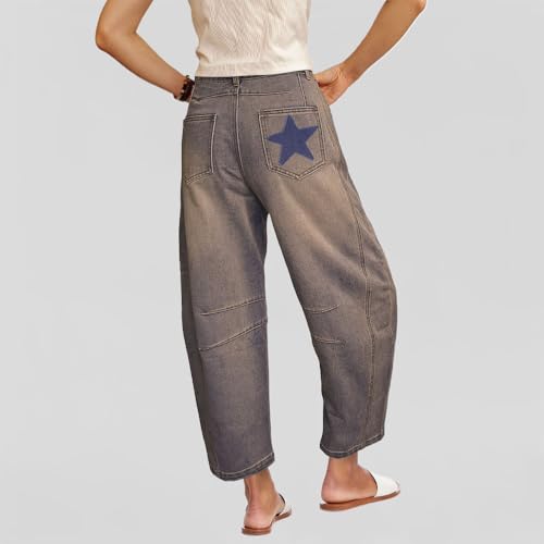 Barrel Jeans for Women Baggy Star Printed Horseshoe Jeans Mid Rise Wide Leg Cropped Ankle Denim Pants3