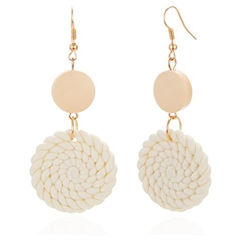 Harlermoon Polymer Clay Rattan Flower Earring Handmade Woven Statement Boho Lightweight Drop Dangle Earrings Jewelry for Women (White 2) Cover