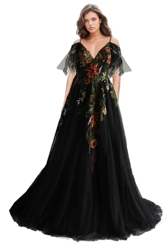 Embroidery Wedding Dress for Bride A Line Long Tulle Boho Could Shoulder Sleeves Lace Country Prom Party Gowns