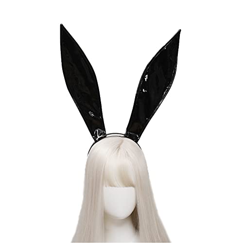 ILUFAM Black Leather Bunny Ear Headband Bendable Rabbit Ears Cosplay Headwear Halloween Party Hair Hoop for Adult