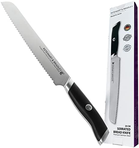 STEWART & BRADLEY 8Inch Serrated Bread Knife. MasterPro Series Full Tang, Razor Sharp, Ultra Fine Highly Tempered German Steel 4028, Forged to 1400 degrees, Precision Diamond Sharpened bread knife STEWART & BRADLEY 8Inch Serrated Bread Knife. MasterPro Series Full Tang, Razor Sharp, Ultra Fine Highly Tempered German Steel 4028, Forged to 1400 degrees, Precision Diamond Sharpened bread knife