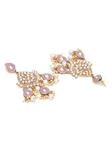 Image of Karatcart Gold Plated Pink Meena Lotus Design Kundan Dangler Earrings for Women (color may slightly vary due to photographic effect)