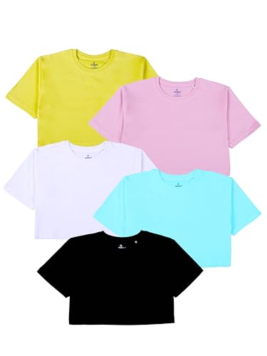 Image of KiddoPanti Girls 100% Cotton Solid Drop Shoulder Half Sleeve Round Neck Crop Tee