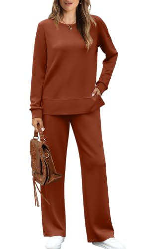 Image of WIHOLL Women's 2 Piece Lounge Sets Sweatshirt Casual Travel Outfits Fashion Wide Leg Tracksuit Cozy Sweatsuits