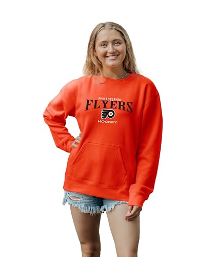 Blue 84 Womens Standard NHL Officially Licensed Pocket Crewneck Sweatshirt Embroidery Team Color
