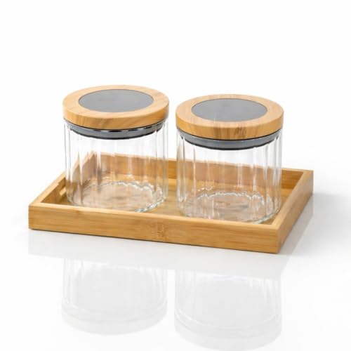 Image of Borosilicate Transparent Striped Glass Storage Jar Set with Bamboo Tray, Set of 2 (500ml) Airtight Round Glass Containers with Bamboo Lids & Silicone Seal, Dry Fruit Storage Jars for Spice