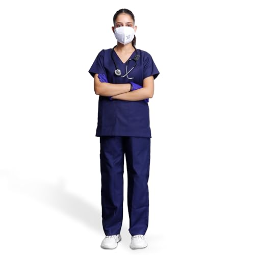 Image of Medical Scrub Suit For Women - Navy Blue (Small) | Poly Viscose Fabric | Ultimate Comfort and Breathability | Elasticated Waist | Multiple Pockets | V-Neck