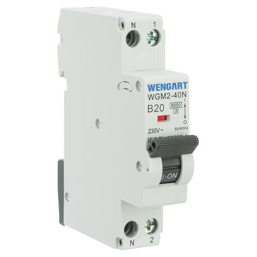 Wengart Miniature Circuit Breaker WGM2-40N, AC230V 20A 1P+N 6kA B-Char, Household/Industrial Electrical Safety Switch, Easy Installation
