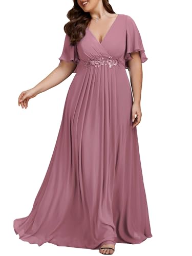 Image of Ever-Pretty Short Sleeves V Neck Plus Size Formal Dresses for Curvy Women Chiffon Mother of The Bride Dress Evening Gowns