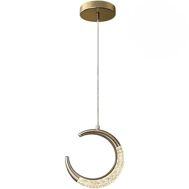 Image of Moon Shape Crystal Hanging Lamp | 12W 3-Color LED Pendant Light | Height Adjustable Metal Body | Ceiling Lights for Hall, Bedroom, Living Room, Dining, Balcony, Office