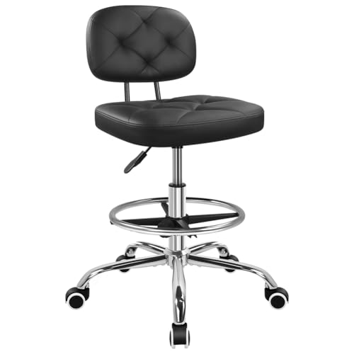 KKTONER Drafting Chair with Backrest Rolling Stool with Wheels Adjustable Footrest Swivel Chair Height Adjustable Office Chair for Shop Counter Studio Work Bar Kitchen (Black)
