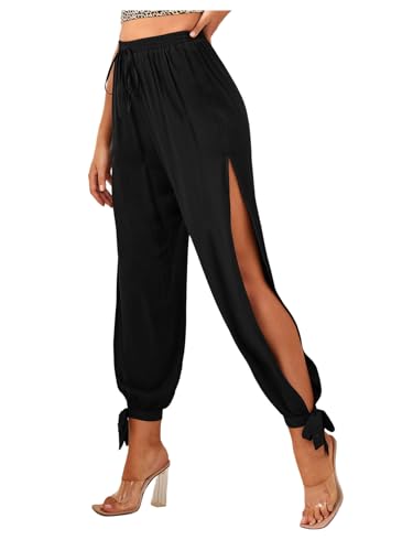 Women's Cut Out Split Thigh Harem Pants Bowknot Drawstring Waist Workout Cropped Trousers