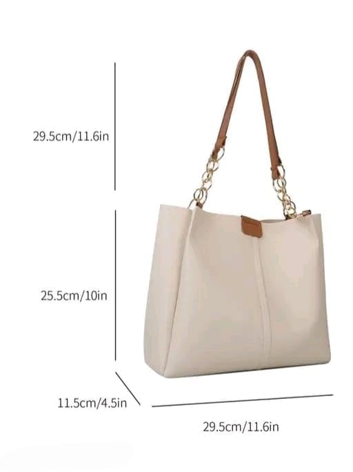 Image of KEALIN Women Stylish Cream Tote Bag with Double Chain Handles | Large Capacity Shoulder Handbag | PU Leather Office, Shopping & Travel Handbag for Women & Girls