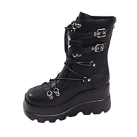 Women Black Platform Goth Boots Knee High Chunky Heel Gothic Boot Women Black Combat Motorcycle Booties Round Toe Ankle Boots Side Zip Lace Up with Metal Buckles & Studded Detailing Size 3.5-7.5