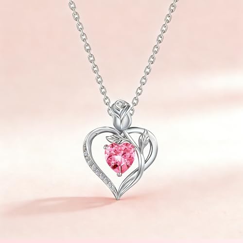 Image of 1.2CT Rose Heart Necklace Option of Moissanite or Lab-Grown Sapphire Ruby Emerald Necklace for Women Birthstone Girlfriend Necklace S925 Sterling Silver 18K White /Rose Gold Plated D Color VVS1 Gift for Wife Mother Daughter for Birthday Anniversary Christmas Engraved 'I Love You'