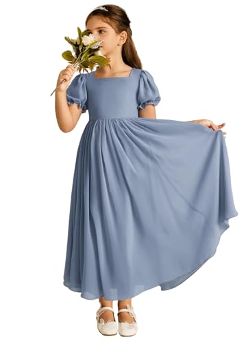 Ruffle Sleeves Junior Bridesmaid Dresses for Wedding A-Line Flower Girl Dress with Bow for Girls Formal Party Dress