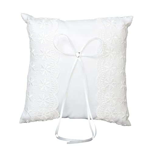 BRIGHTFUFU Elegant Ring Pillow Lace Rhinestone Heart 20x20cm Wedding Ring Pillow for Ceremony