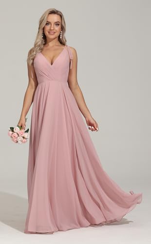 Image of HSFIYAKJ Bridesmaid Dresses Long Chiffon Formal Dress Open Back V Neck Evening Prom Gown for Women with Pockets