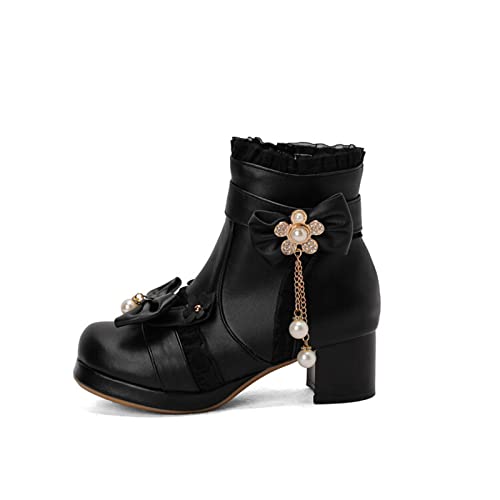 Cute Block Heels Booties for Women 2025 Lolita Kawaii Chunky Short Ankle Boots Sweet Lace Bowknot Dressy Shoes4