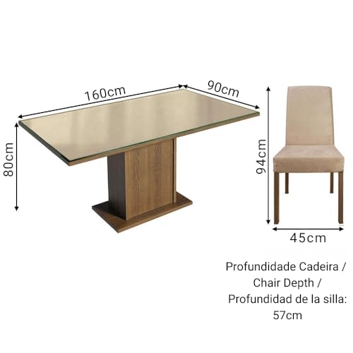 Image of Madesa 4 Seater Dining Set Rectangular Glass Table Top Sturdy Wooden with Cushioned Seats 160 Cm for Dining Room and Kitchen - Brown /Cream