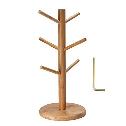 EOJDDPA Estante para tazas de bambú, estante de almacenamiento para árbol, 6 ganchos, organizador extraíble para portavasos de té