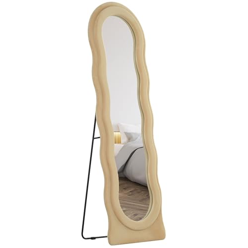 HOMCOM Espejo de Cuerpo Entero 160x50 cm Espejo de Pie o de Pared Diseño Ondulado Marco con Tela de Terciopelo para Salón Dormitorio Beige