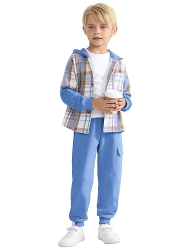 Image of 2Pcs Boys Clothes Sweatsuit Set Hoodie Flannel Plaid Shirt and Jogger Pants for Kids Fall Winter Spring Outfits