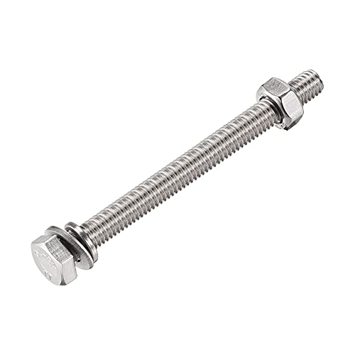 Image of uxcell M6 x 75mm Hex Head Screws Bolts, Nuts, Flat & Lock Washers Kits, 304 Stainless Steel Fully Thread Hexagon Bolts 10 Sets