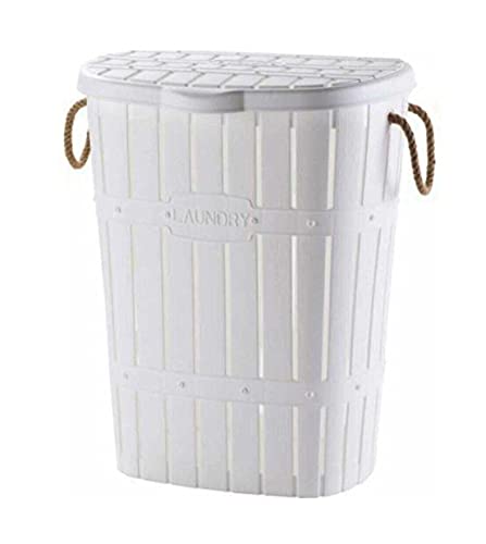 Cesta para Ropa Sucia 65 lts. con Tapa, Efecto Bambú, Canasto Ropa Sucia, Cesto Colada (Blanc)