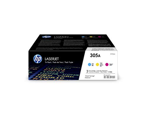 HP 305A CF370AM, Cian, Magenta y Amarillo, Cartucho Tóner Original, Pack de 3, para impresoras HP LaserJet Pro Color serie M351, M451, M375 y M475